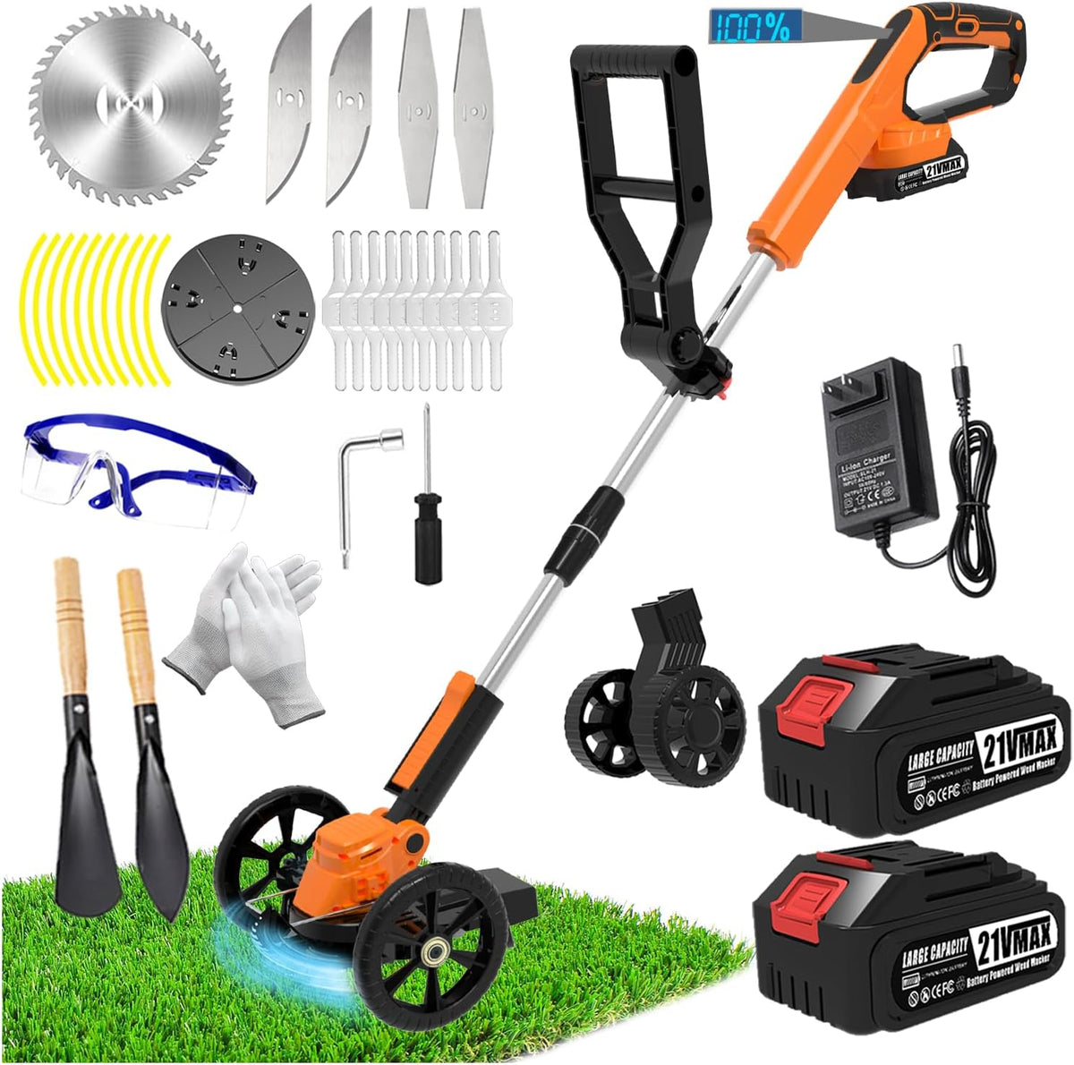 Electric Weed Wacker Eater Cordless Battery Powered, Weed Trimmer 21V Lightweight No-String with 2 Battery Operated & Wheels, 3 in 1 Stringless Grass Trimmer/Edger/Brush Cutter for Garden Yard Lawn