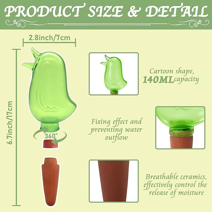 4 Pack Self Watering Spikes, Indoor Plant Watering Globes, Bird Shape Automatic Irrigation Spikes,Plant Watering Devices (Green)