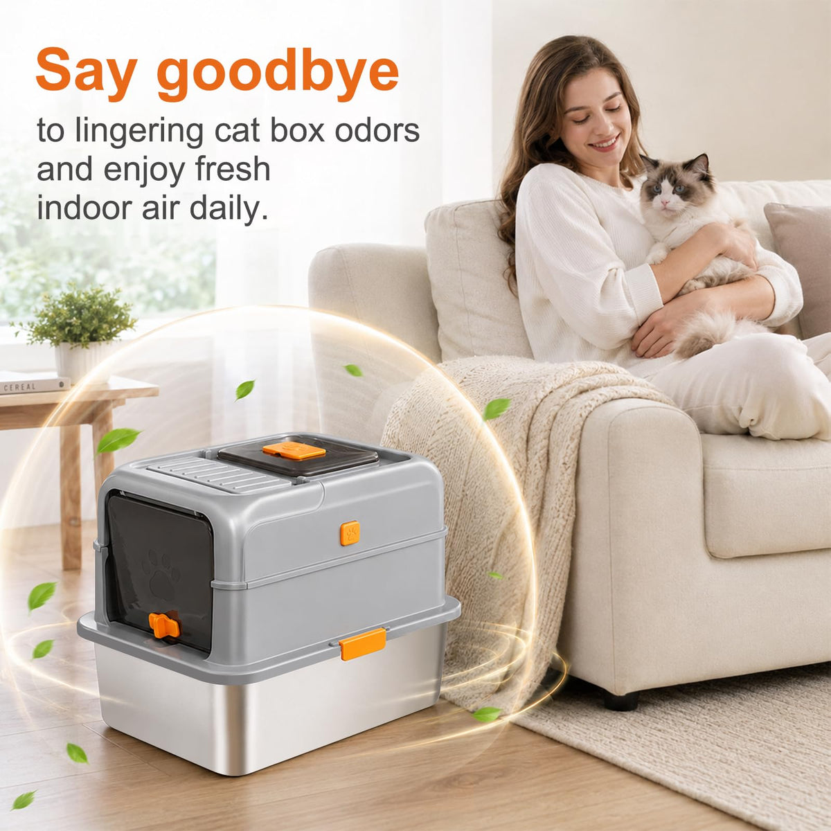Stainless Steel Cat Litter Box with Lid, High Sided Enclosed Litter Box