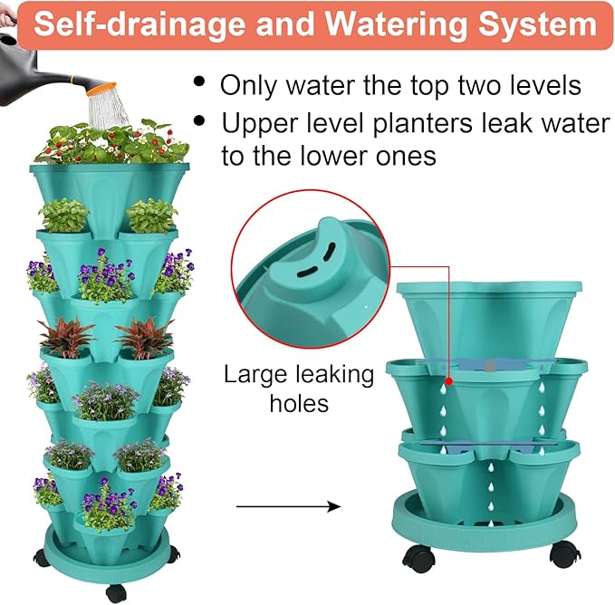 Vertical Planter, 7 Tier Stackable Strawberry Planter with Garden Tool Set, Movable Indoor/Outdoor Garden Herb Pot for Growing Vegetables and Succulents, Teal
