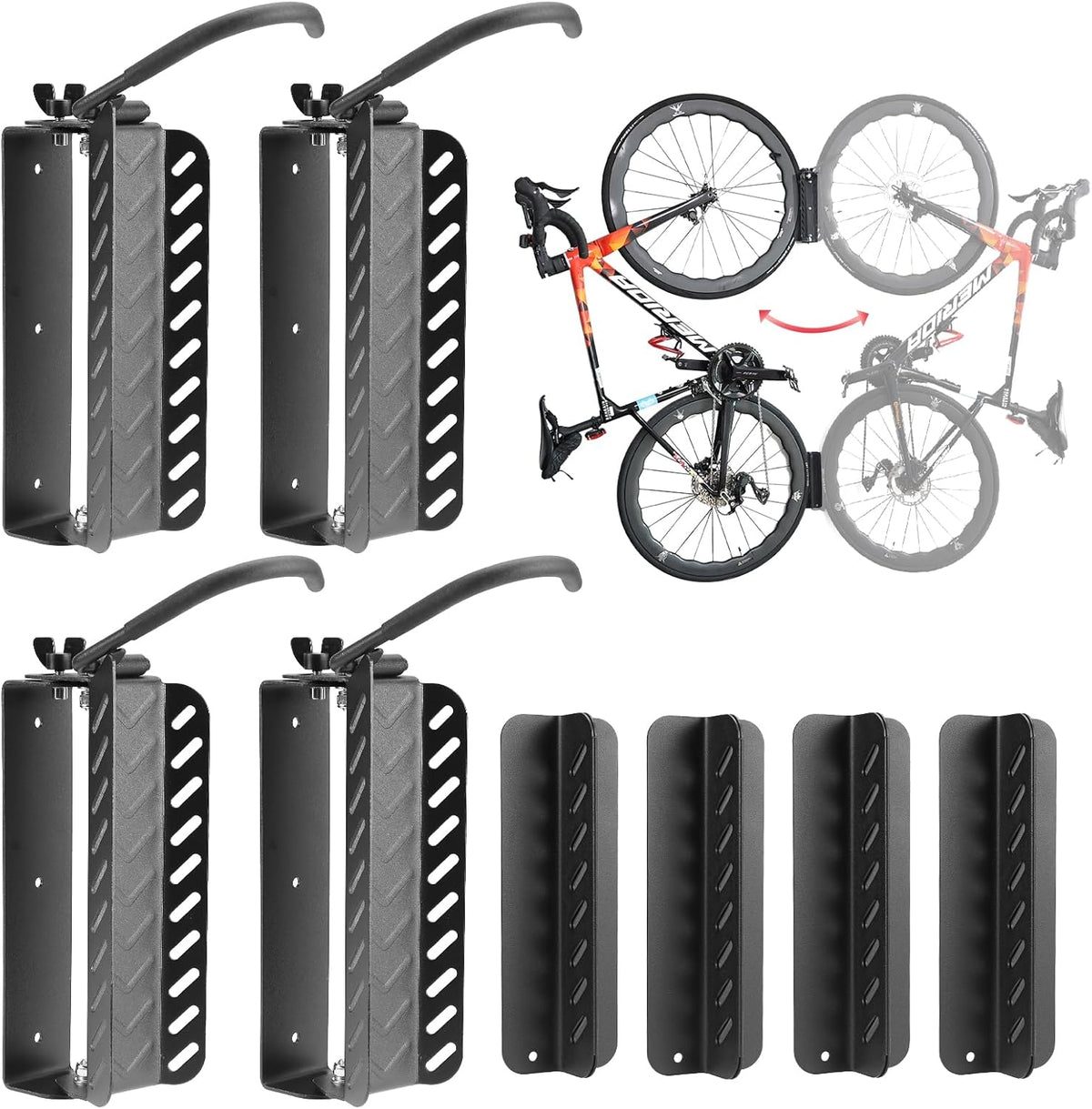 Bike Wall Mount Vertical, Swivel Bike Hangers For Garage, Bike Rack Garage Wall, Bicycle Hooks, Garden Indoor Outdoor Storage, All Metal (4Pack)