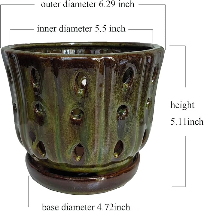 Ceramic Orchid Pots with Attached Saucer and Drainage Hole 6'' Orchid Planter (mossgreen)
