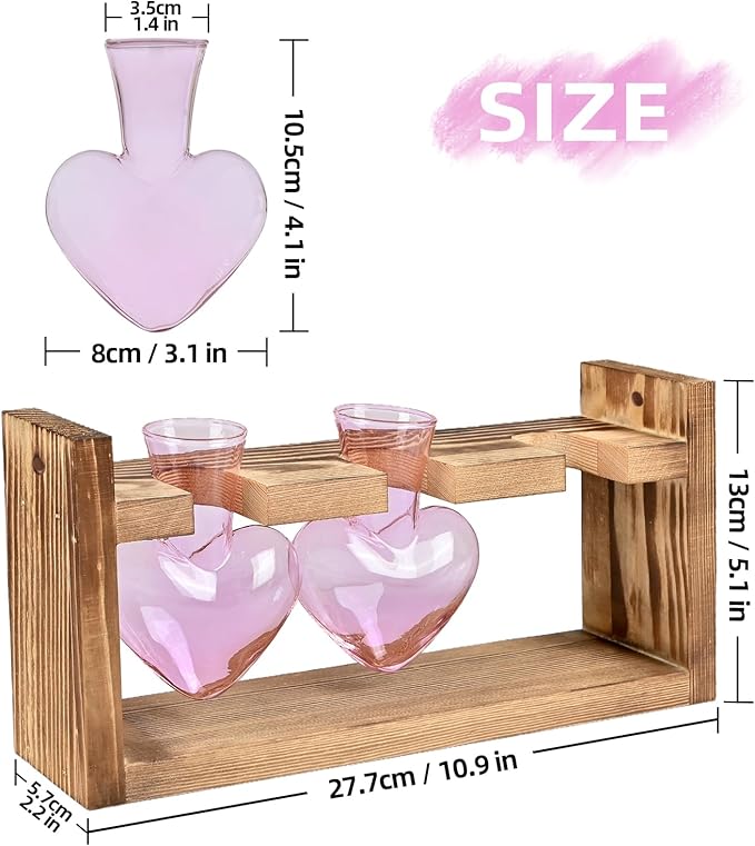 Plant Terrarium Propagation Stations Hydroponics Home Garden Decoration Gift for Women with Wooden Stand Heart Shaped Colored Glass Vase