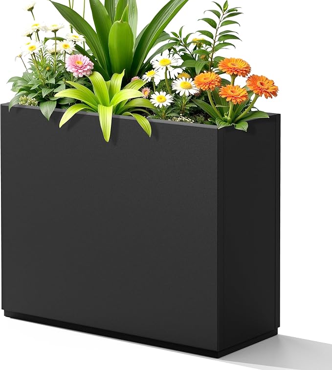 FENCY Metal Planter Box, Large Rectangular Planters for Outdoor Plants, Outdoor Tall Planters with Drainage Holes, Black Metal Planters (30" L x 12" W x 24" H)