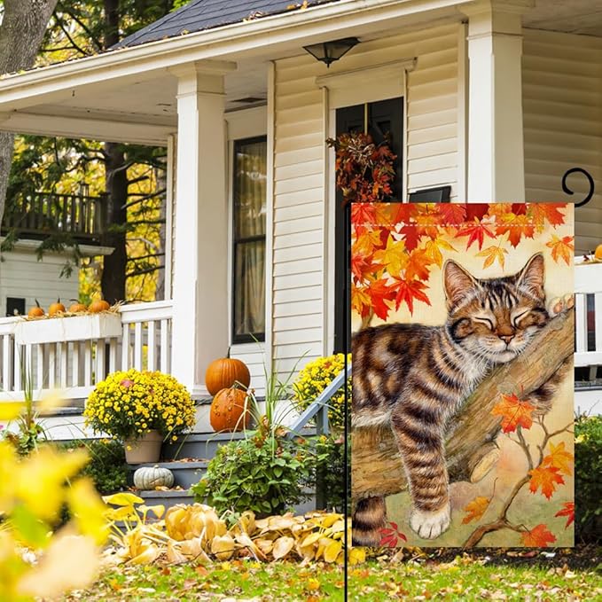 BLKWHT Fall Cat Garden Flag 12x18 Vertical Double Sided Autumn Leaves Thanksgiving Holiday Outside Decorations Burlap Yard Flag BW699