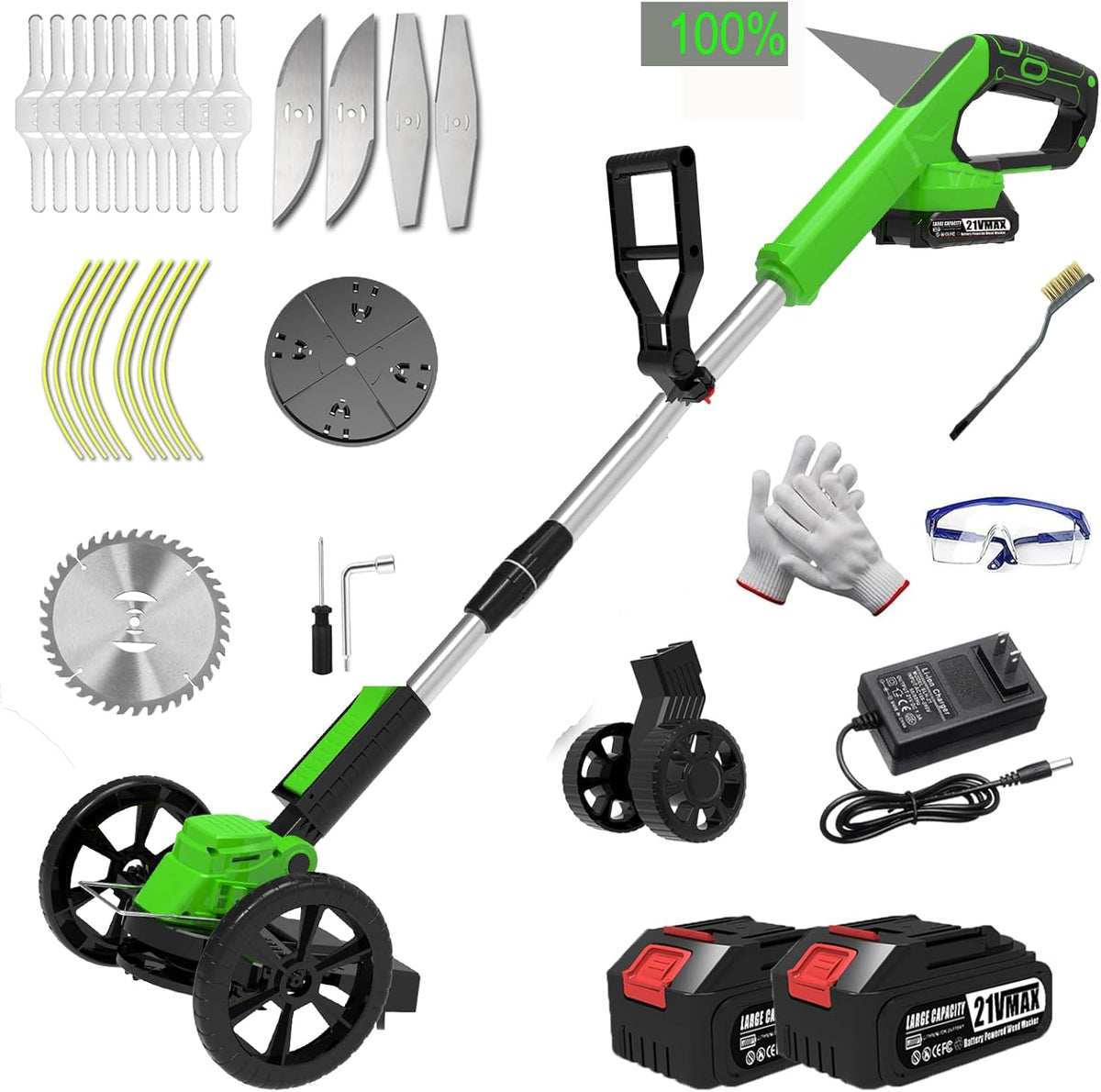 Electric Weed Wacker Cordless Eater Battery Powered Weed Trimmer, with 2Pcs 21V Battery 5 Types Blades Lightweight Grass Trimmer Edger Lawn Tool, Push Wheeled No-String Trimmer for Garden Yard