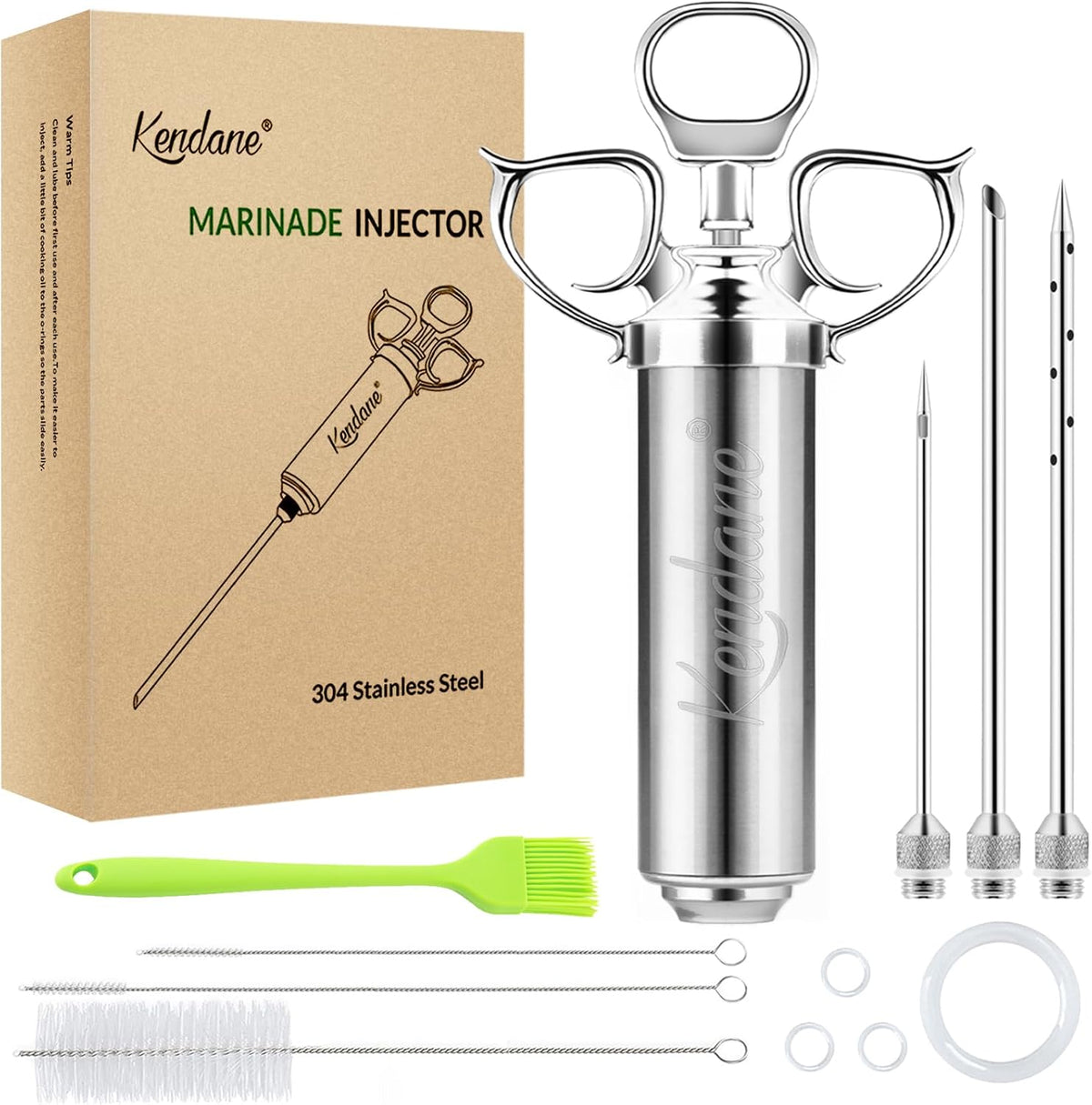Meat Injector Syringe 2-oz Marinade Flavor Barrel 304 Stainless Steel with 3 Marinade Needles for BBQ Grill Smoker, Turkey, Fish, Brisket, Paper Silicone Brush and Instruction Included by Kendane