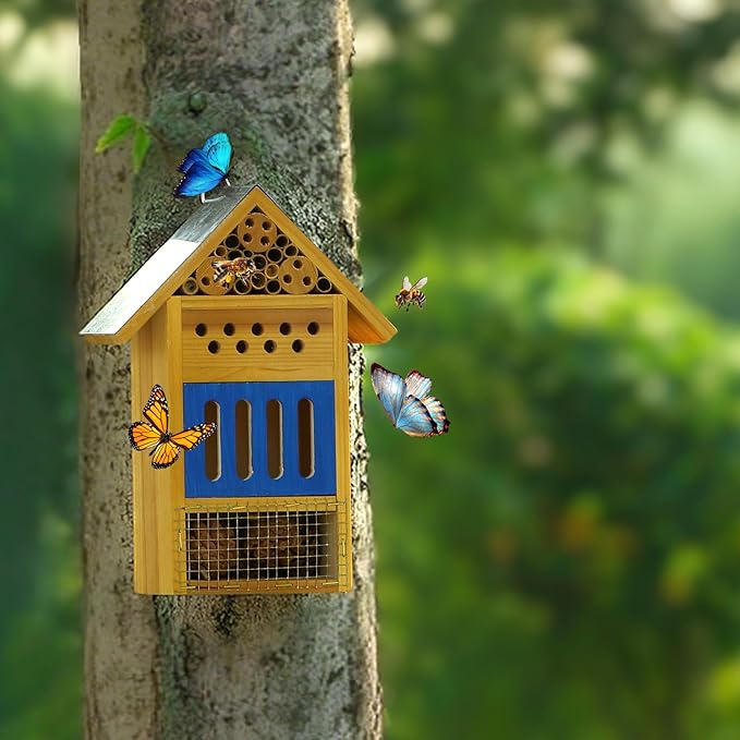 Wooden Butterfly House & Bee House for The Garden, Durable Bug Hotel W/Wooden Stake and Iron Roof, Insect Habitat On The Ground Or Hanging On The Tree, for Butterfly, Bee, Ladybug, Bug