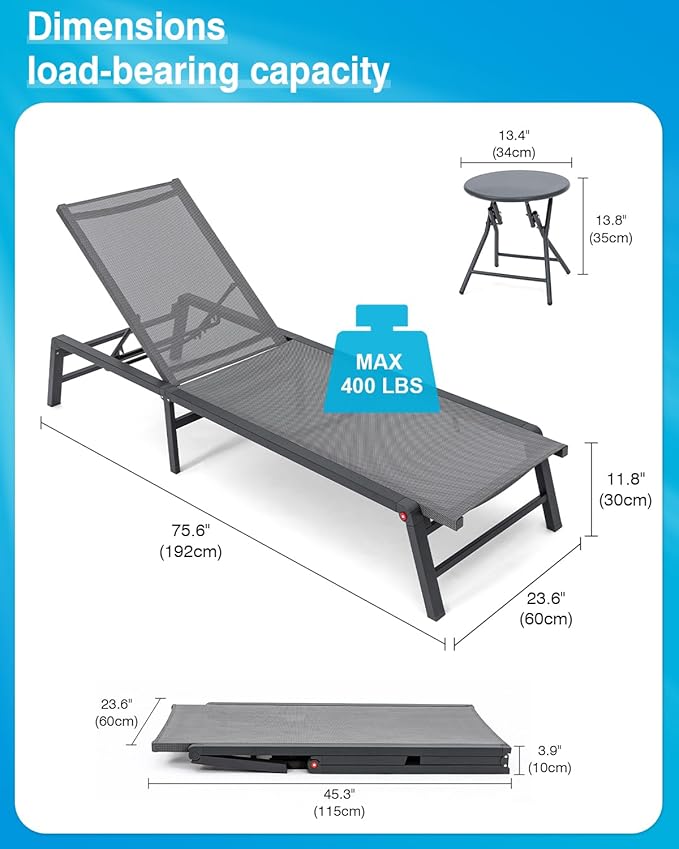 Aluminum Chaise Lounge Chair Outdoor, Foldable Patio Lounge Chair 2 Sets with Table Assemble-Free, Pool Lounge Chairs with 5 Adjustable Backrest, Outdoor Lounge Chairs for Outside Poolside Brown