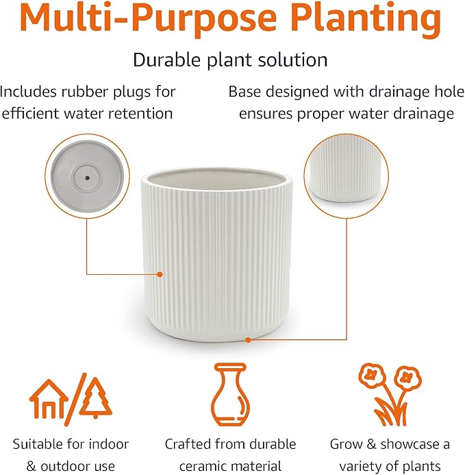 Amazon Basics Fluted Ceramic Round Planter, 10 in, White