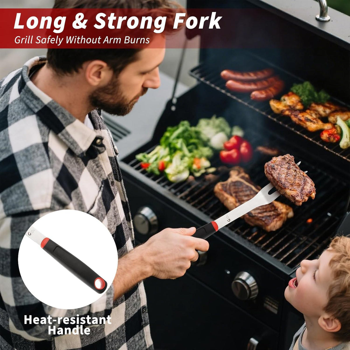 BBQ Tools Set, Heavy Duty Stainless Steel Spatula, Fork & Tongs with Portable Bag, Essential Accessories for Barbecue Outdoor Grill, Grilling Gifts for Men Dad Camp Chef