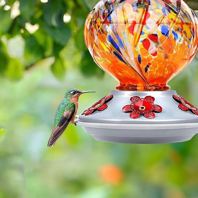 BOLITE Hummingbird Feeder, Hand Blown Glass Hummingbird Feeders for Outdoors Hanging, with Ant Moat and 5 Feeding Ports, 22 Ounces, Peony Flower Shape, Orange, Gifts for Women Men, Gifts for Mom Dad