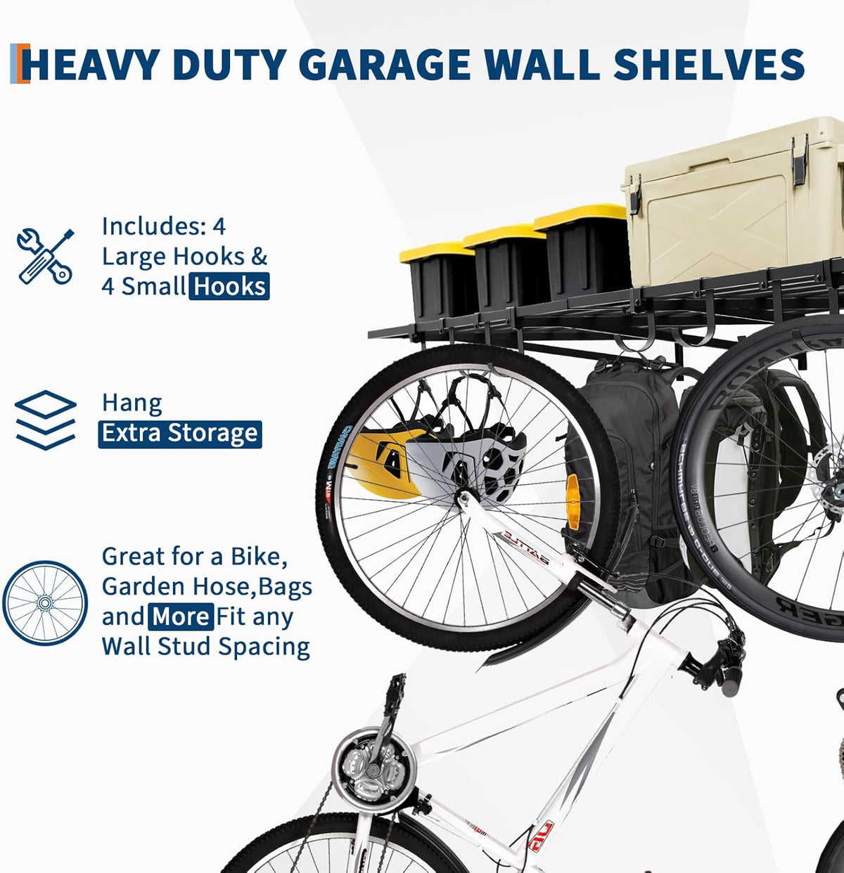 2 Pack Heavy Duty Garage Wall Shelves, 2x4ft Wall Mount Storage Shelf with Hooks, Shelf Warehouse Organization System, Rack Shelving, Holds 200 Lbs Each for Shop, Garage Storage