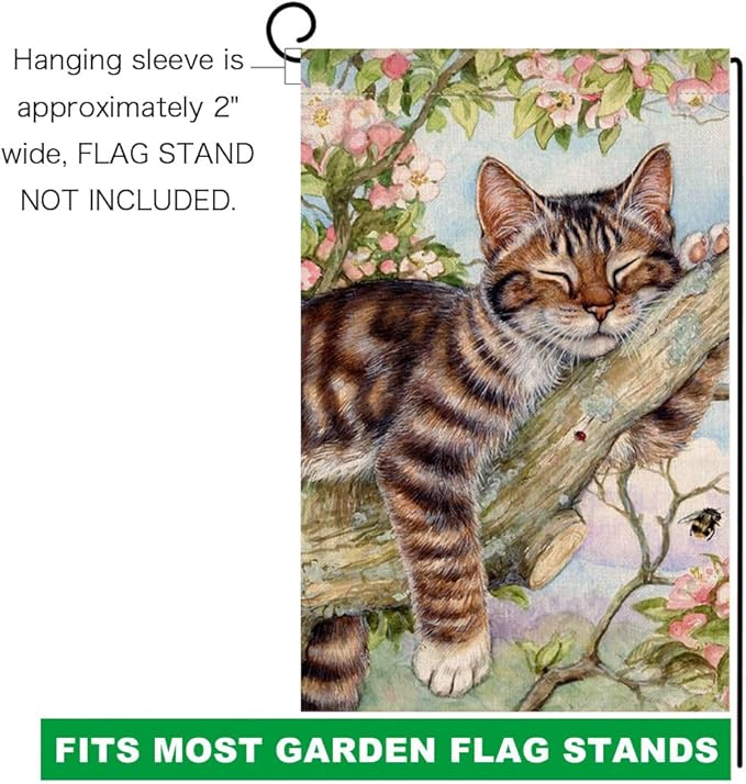BLKWHT Spring Cat Garden Flag 12x18 Vertical Double Sided Pink Floral Farmhouse Holiday Outside Decorations Burlap Yard Flag BW573