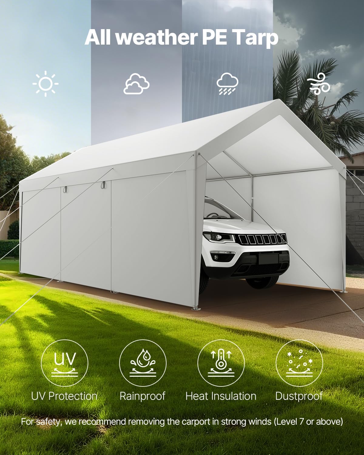 VEVOR Carport, 12 x 20 FT Outdoor Car Canopy, Potable Carport with Removable Sidewalls & Door, Heavy Duty Car Shelter, UV-Resistant & Water-Resistant, All-Season Protection for Automobile Boat White