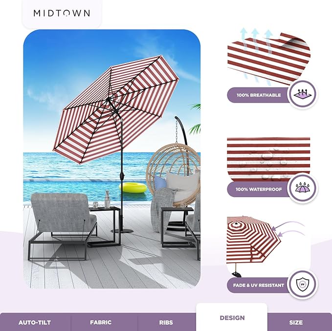 MIDTOWN UMBRELLAS The Lean 8 Feet Outdoor Umbrella With Terylast Red Stripes (Red/White Stripes) Polyester Fabric - 8 Ribs Aluminum Frame Patio Umbrella With Zinc Alloy Crank Lift And Auto-Tilt System