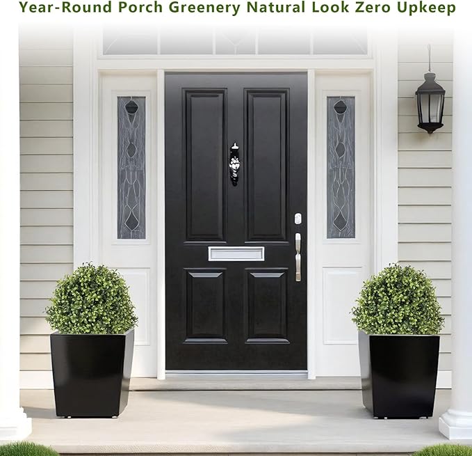 THE BLOOM TIMES 2ft Faux Boxwood Plants Outdoor Set of 2, Topiary Balls Artificial Outside Trees, 24" UV Resistant Fake Greenery Bushes & Shrubs for Front Porch Planter