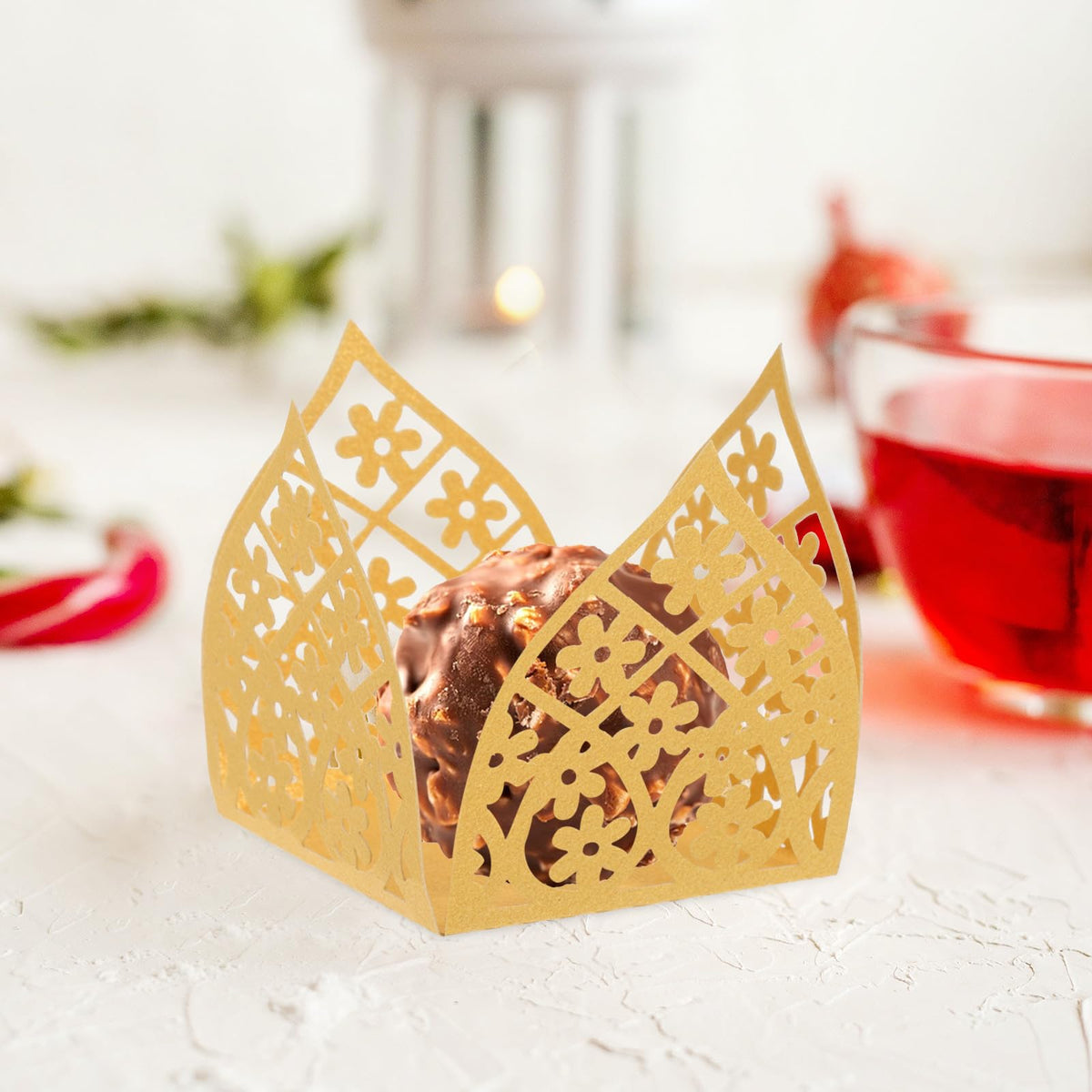 NULYLU Wedding Candy Packaging Wrappers 50pcs Gold Dessert Paper Hollow Cups Chocolate Wrappers Small Party Candy Truffle Holders for Wedding