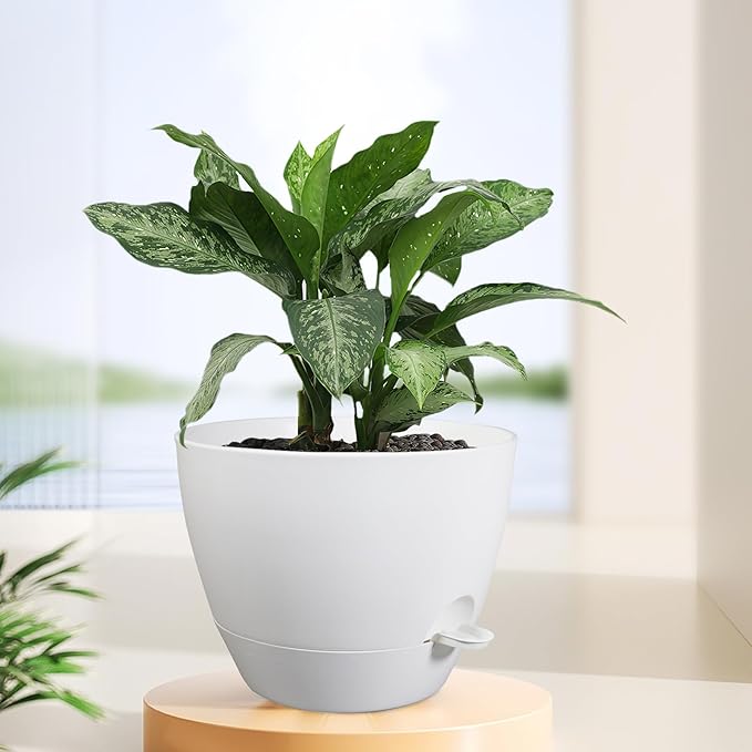 12 inch Large Self Watering Pots for Indoor Outdoor Plants, Plant Pots with Mesh Drainage Holes for Garden House Plants, Plastic Planters with Reservoir for Flower Plants, White
