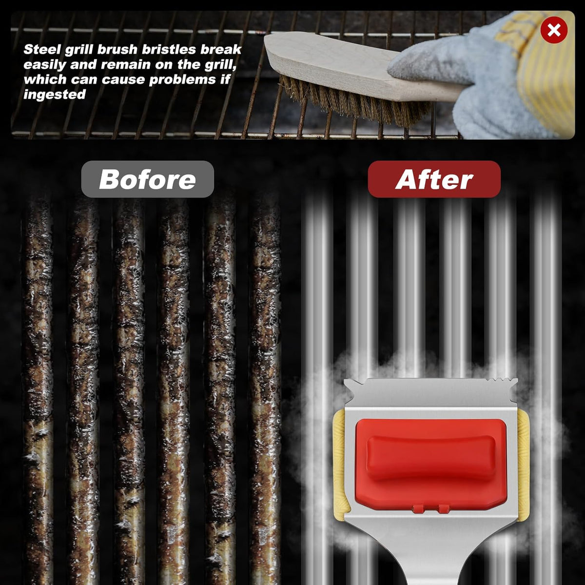 Grill Brush Bristle Free - Cleaning with Steam Technology, Replaceable Brush Heads & Scraper Tool for Stainless-Steel Grates Grill Brush with Stainless Steel Spatula and Two Cleaning Brush Heads