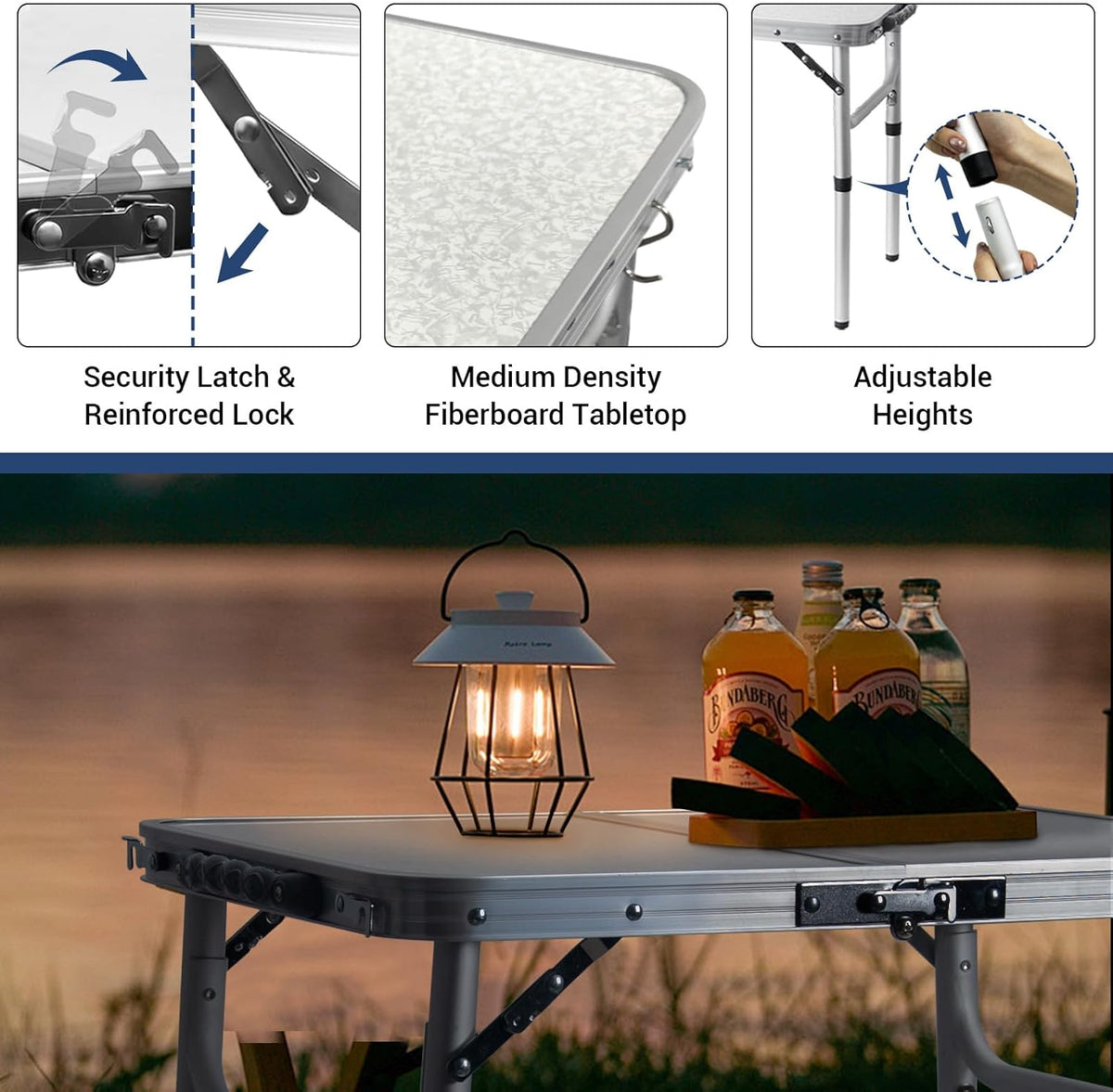 Small Folding Table 2FT Lightweight Portable Aluminum Camping Table for Picnic and Camping Mini Foldable with Adjustable Extended Height,Silver