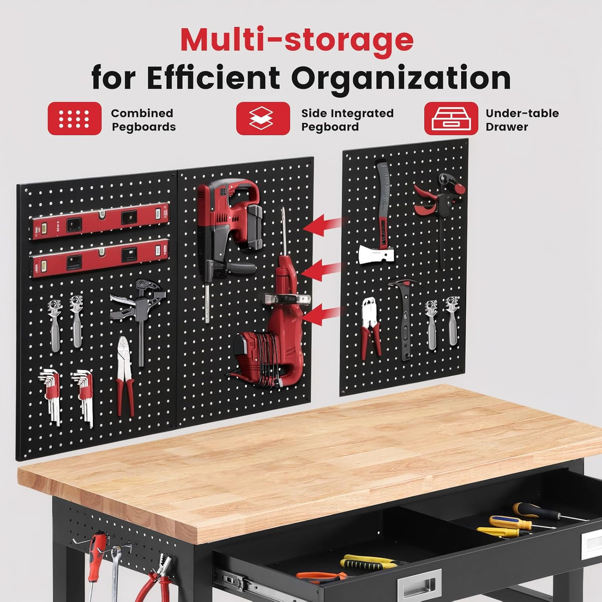 Work Bench with Storage Adjustable Workbenches with Drawer for Garage 48 Inch Rubber Wood Top Garage Workbench with Pegboard, Power Outlets for Woodworking,Home, Office, Workshop