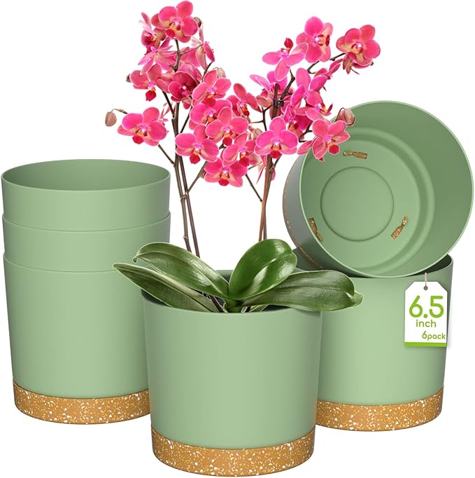 ZMTECH Plant Pots, Set of 6 6.5'' Self Watering Plastic Planter with Drainage Hole and Saucer,Modern Decorative Flower Pot for Indoor Outdoor House Plants, Succulents, Flowers - Green