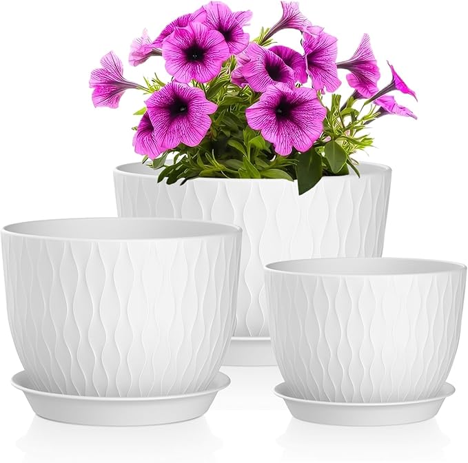 Plant Pots 12/10/9 Inch Pots, Set of 3 Plastic Planters with Drainage Holes and Saucers,Plastic Flower Pots,Nursery Planting Pot for Indoor Out Door Plants（White）