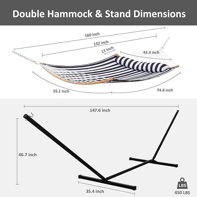 SUNCREAT Hammocks Extra Large Hammock with Stand Included, Double Hammock with Curved Spreader Bar, Black Stripes