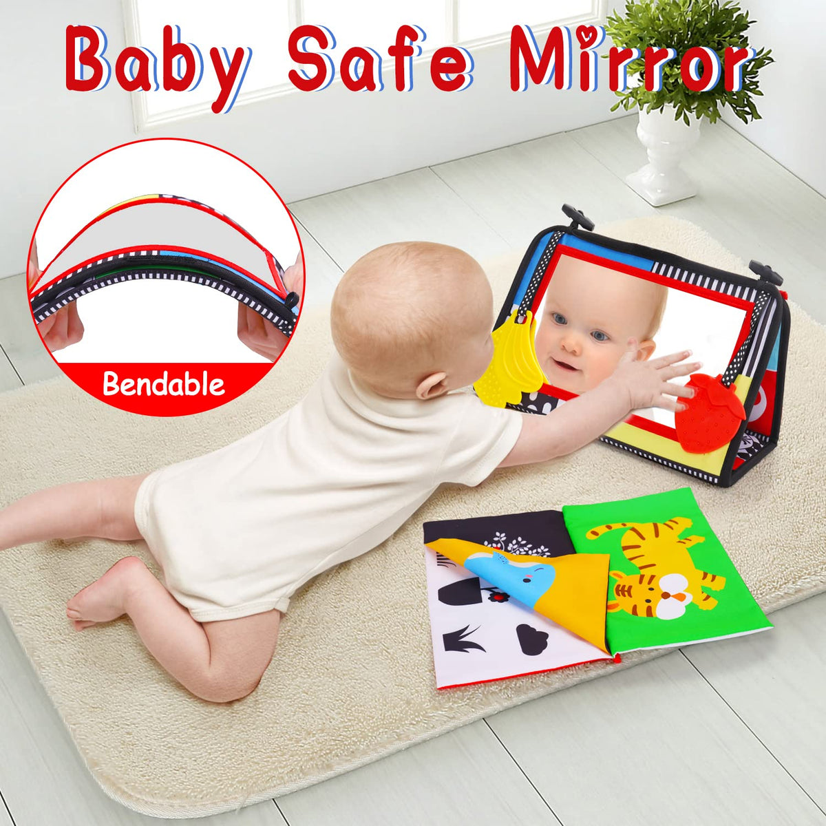Thremhoo Tummy Time Mirror High Contrast Baby Toys for Newborn 0-6 Months