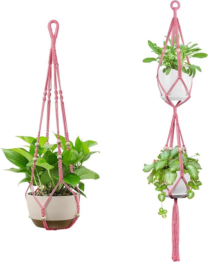 USLAI Macrame Plant Hanger Indoor Outdoor, Up to 4-15 inch Pot, Heavy 20lb Planters, Extra Long Strong Hanging Planter Basket Holder, Boho Home Decor, 35+49 Inch, Pink (POTS NOT Included)