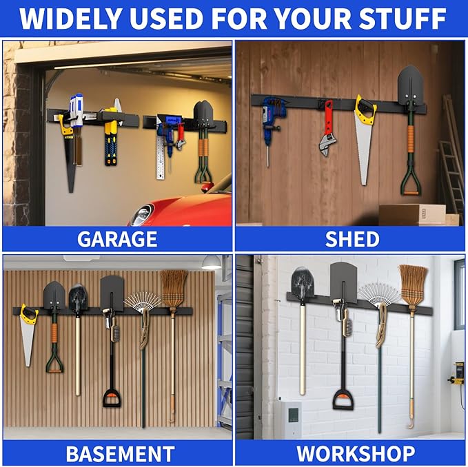 Garage Organization Tool Organizer Wall Mount, 48inch Heavy Duty Garden Tool organizer Storage System, Easy Install With 7 Adjustable Hooks, For Garage, Basement, Shed, Workshop(Black)