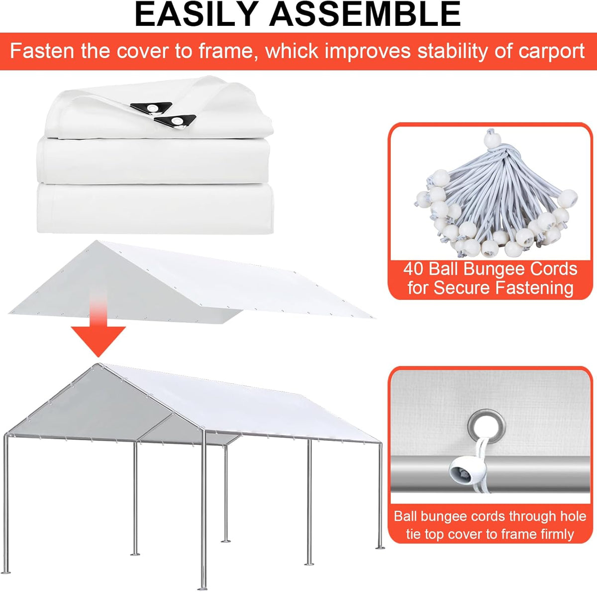 10 x 20 Ft Carport Replacement Canopy Cover Garage Top Tent Shelter with 40 Ball Bungee Cords Heavy Duty Waterproof UV & Tear Resistant, Easy Assembly, White (Only Cover, Frame Not Include)