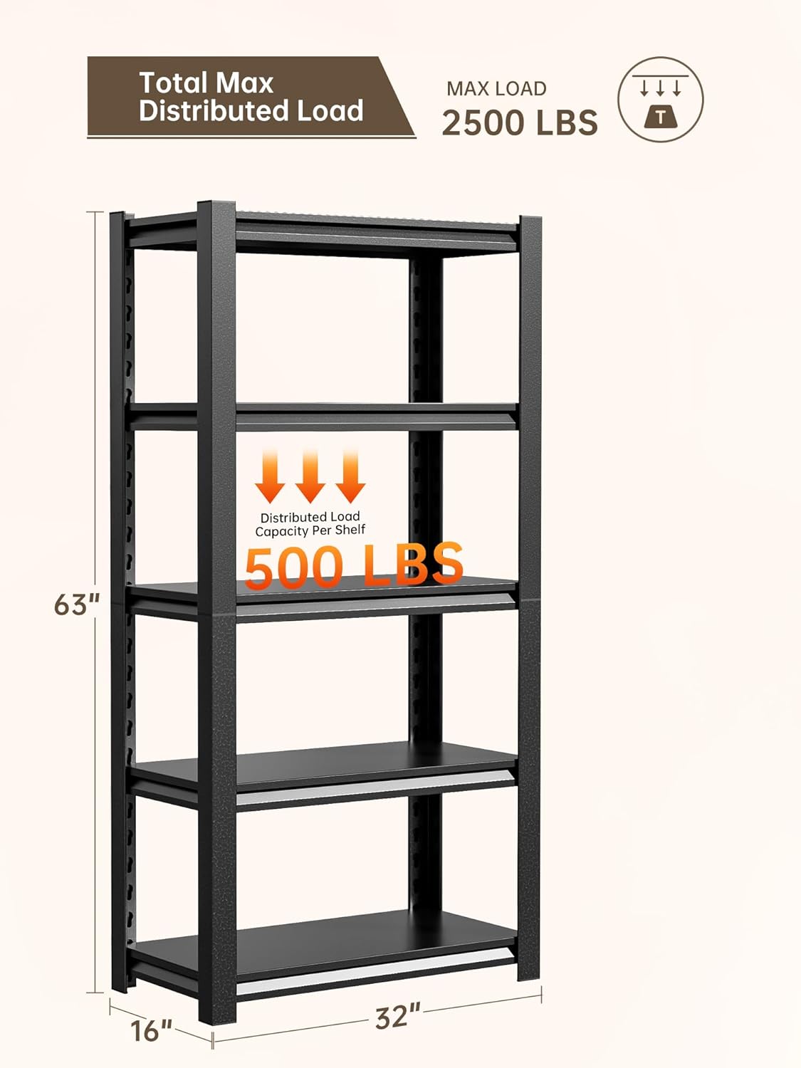 JHYKHG 63" H Storage Shelves,5-Tier Heavy Duty Garage Shelving,Adjustable Shelving Unit,Metal Shelf,Boltless Assembly Rack for Warehouse,Shed,2,500 lb Load,16 x 32 x 63 Inches,Black