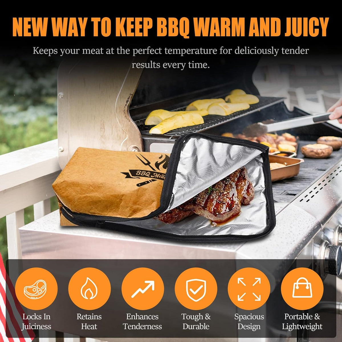 BBQ Blanket for Resting Meat, 22 in Smoker Meat Resting Blanket, Reusable Insulated Waterproof BBQ Accessories Resting Bag with Wide Mouth for Large Brisket/Beef/Pork Ribs - Gift for Men