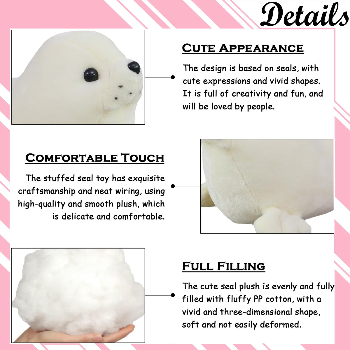 zhidiloveyou Seal Plush Stuffed Animal White Cute Seal Toy Pillow Doll, 15"