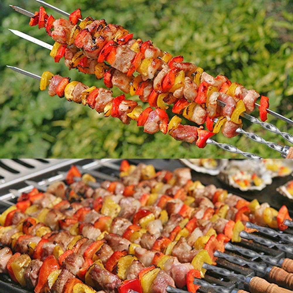 12 Pack Kabob Skewers BBQ Barbecue Skewers Stainless Steel Sticks 23.5 Inch Heavy Duty Large Wide Reusable with Nonslip Wooden Handle Ideal for Shish Kebab Chicken Shrimp and Vegetables