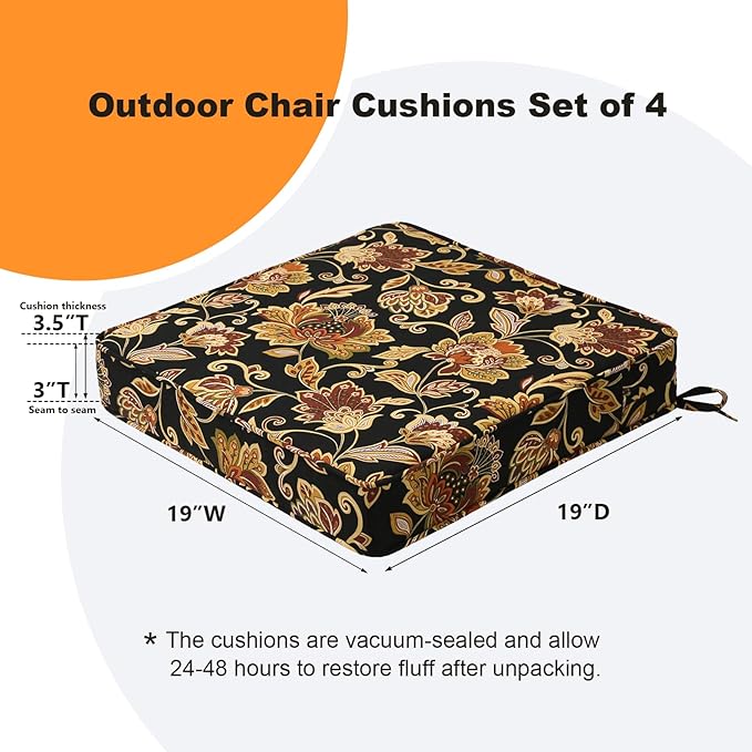 Square Corner Seat Cushions, 19" x 19" x 3", Set of 4, Indoor Outdoor Water Repellent Universal Chair Pads with Ties for Patio Furniture, Garden Deck Dining Chairs, Red Yellow Vine Flower
