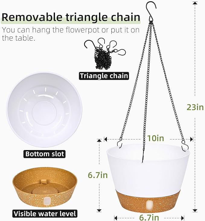 QCQHDU 2 Pack Hanging Planters for Indoor Outdoor Plants, 10 Inch Hanging Baskets Flower Pots with Reservoir Tray & Visible Water-Level