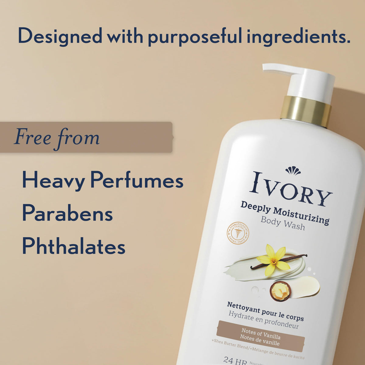 Ivory Deeply Moisturizing Body Wash, 24hr Nourishing Hydration, Soothes Itchy Dry Skin, Made with Shea Butter Blend, Free of Dyes Heavy Perfumes Parabens & Phthalates, Vanilla Scent, 27 oz