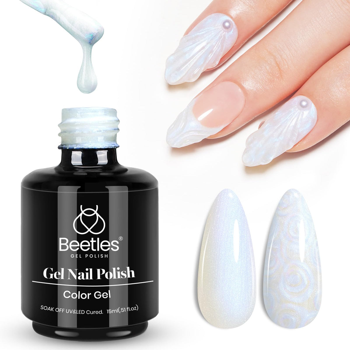 Beetles Pearl Gel Nail Polish, 1 Pcs 15Ml Pearl White Glitter Blue Gel Polish Soak Off Shimmer Nail Art Crystal Snowflakes Manic