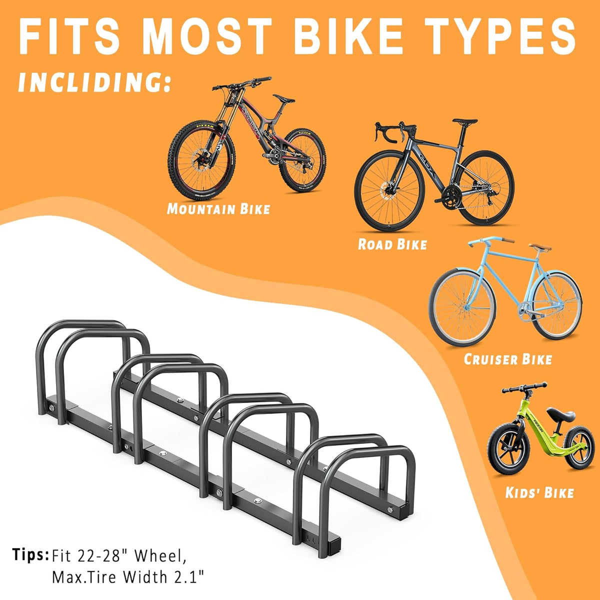 Ultrawall Bike Storage Rack for Garage, 4 Bikes Floor Bike Stand, Bicycle Parking Holder Stand for Indoor/Outdoor, Fit 22-28" Wheel Tire Width 2.1"