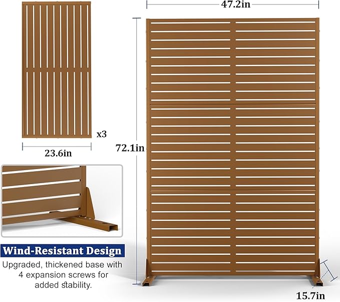 FENCY Outdoor Privacy Screen, 72" H×47" W Metal Privacy Screen, Outdoor Freestanding Privacy Screen & Panels for Deck Patio Balcony(Brown-Louvered)