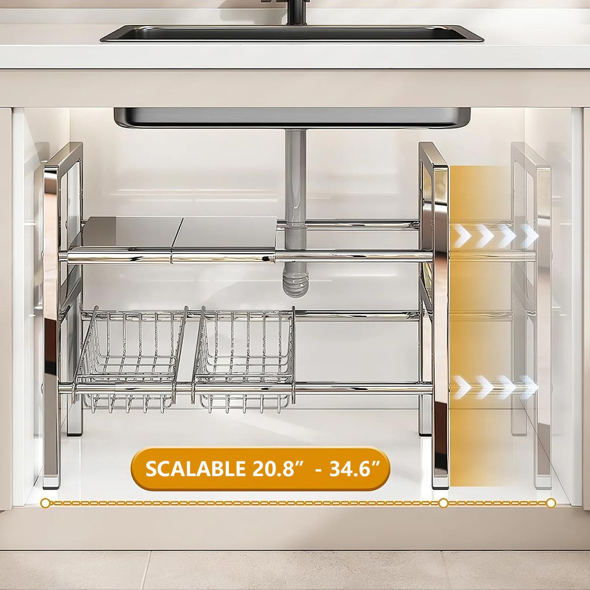 ADVEZO Large Under Sink Organizer 2 Tier Expandable Heavy Stainless Steel Shelf Adjustable Height for Under Kitchen Bathroom Sink Organizers and Storage (Large Size: 4 Panels 4 Storage Baskets)