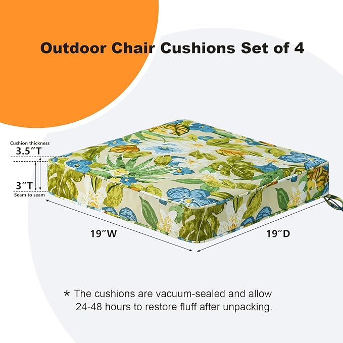 Square Corner Seat Cushions, 19" x 19" x 3", Set of 4, Indoor Outdoor Water Repellent Universal Chair Pads with Ties for Patio Furniture, Garden Dining Chairs, Blue Flower