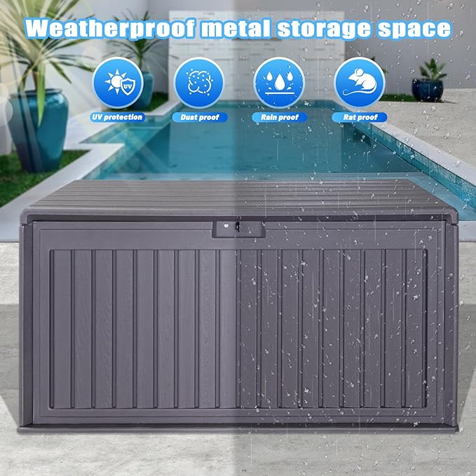 100 Gallon Waterproof Outdoor Storage Box, Outside Resin Deck Box for Patio Cushions, Garden Tools and Sports Pools Equipment