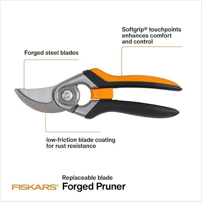 Fiskars Bypass Pruning Shears, 1-Inch Cut Capacity Softgrip Pruner, Forged Steel Replaceable Blade Stays Sharp Through Heavy Use with Rust Resistant, Low-Friction Coating