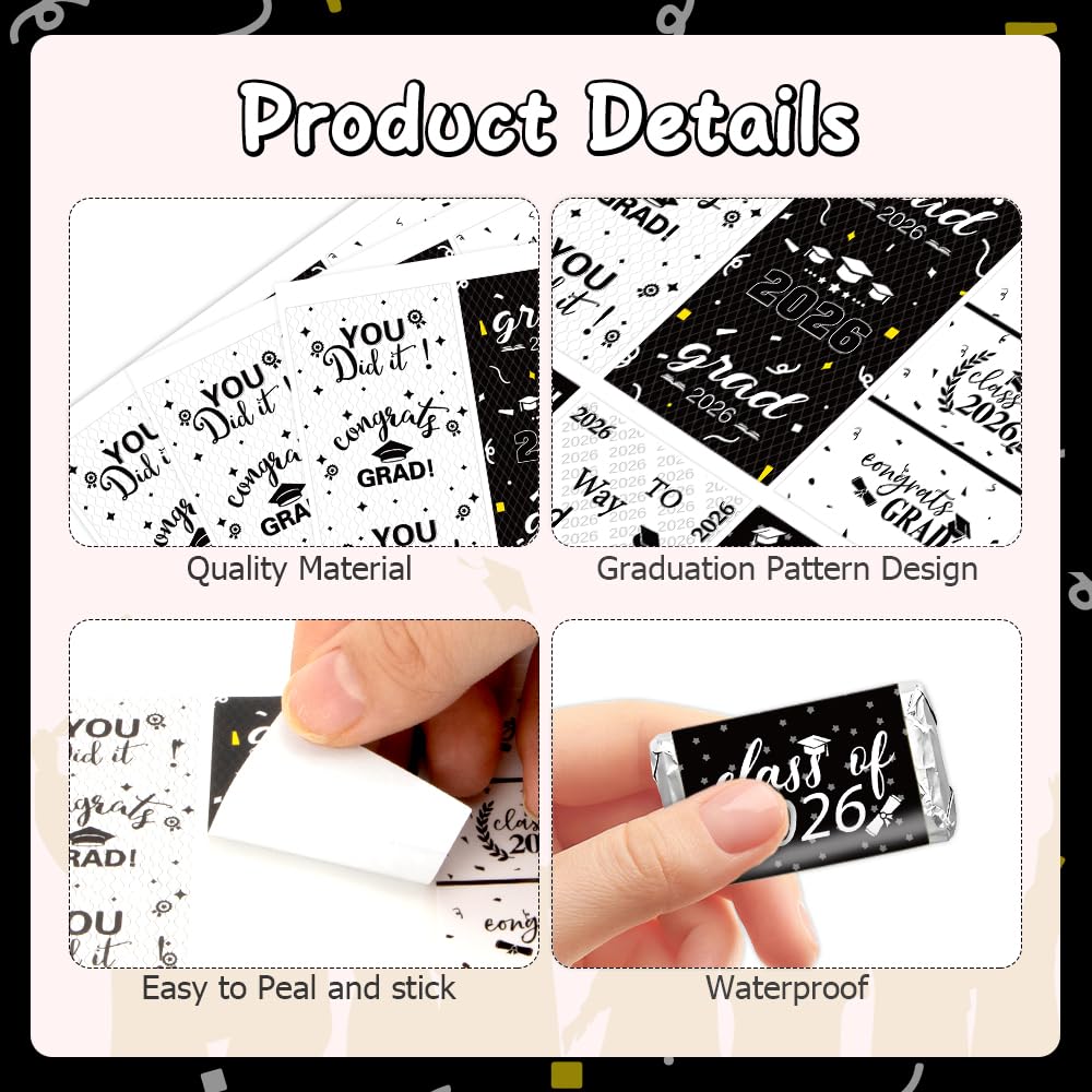 Graduation Party Decorations 2025 Graduation Label Stickers, 240PCS Congrats Grad Mini Black White Candy Wrapper Class Of 2025 Chocolate Bar Sticker