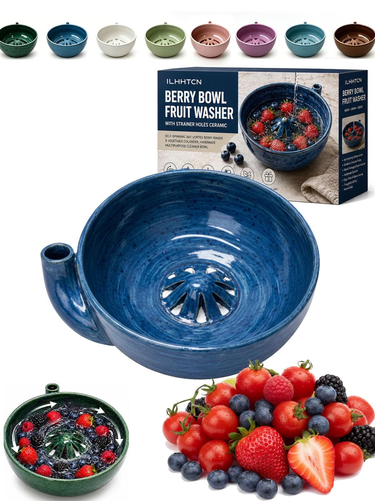 Berry Bowl Fruit Washer with Strainer Holes Ceramic, Ceramic Fruit Bowl Self-Spinning Automatic 360° Swirling Vortex Berry Rinser & Vegetable Colander, Handmade Multipurpose Cleaner Bowl(Blue)