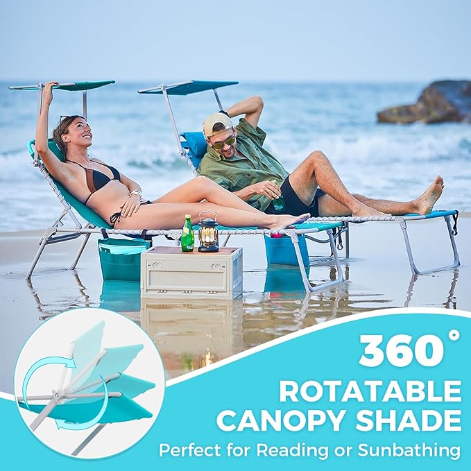 #WEJOY Folding Tanning Chair with Canopy Shade, Portable Adjustable 5-Position Patio Chaise Lounge with Pillow & Storage Pocket for Lay Flat Outdoor Lawn Backyard Beach Camping Pool (Cyan)